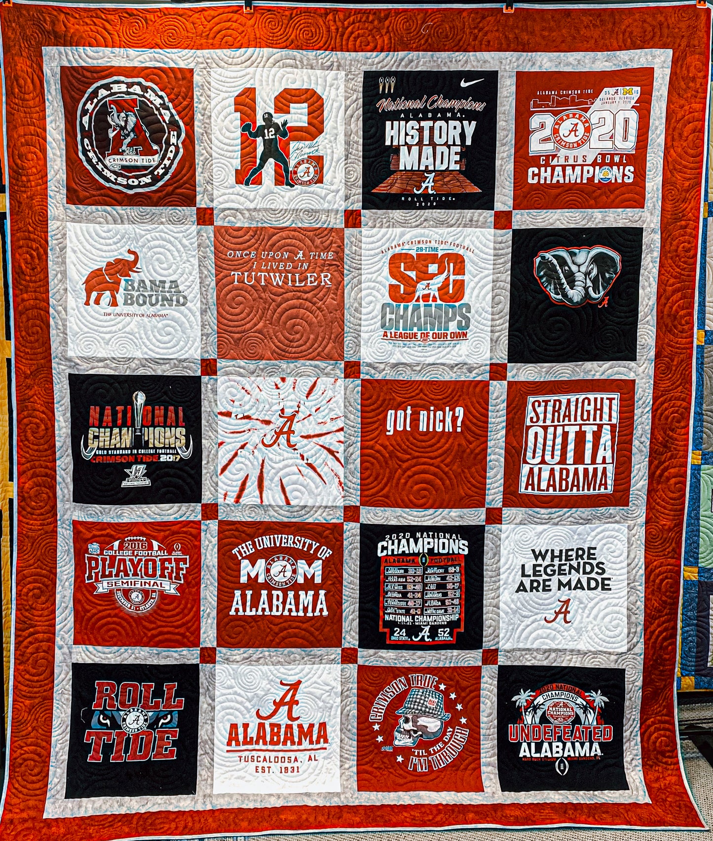 Traditional t‑shirt quilt front view with grey sashing