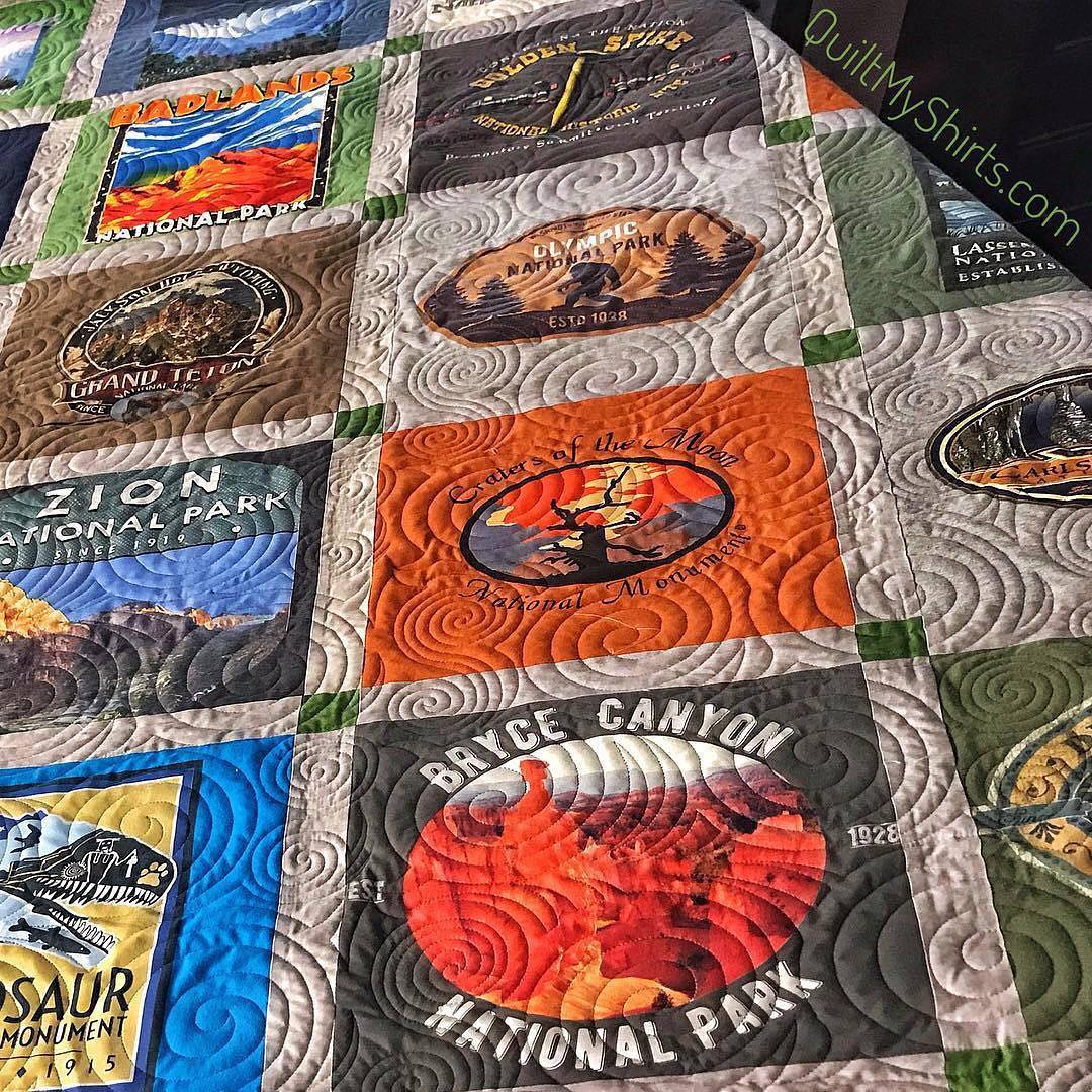 Traditional t‑shirt quilt front view with grey sashing