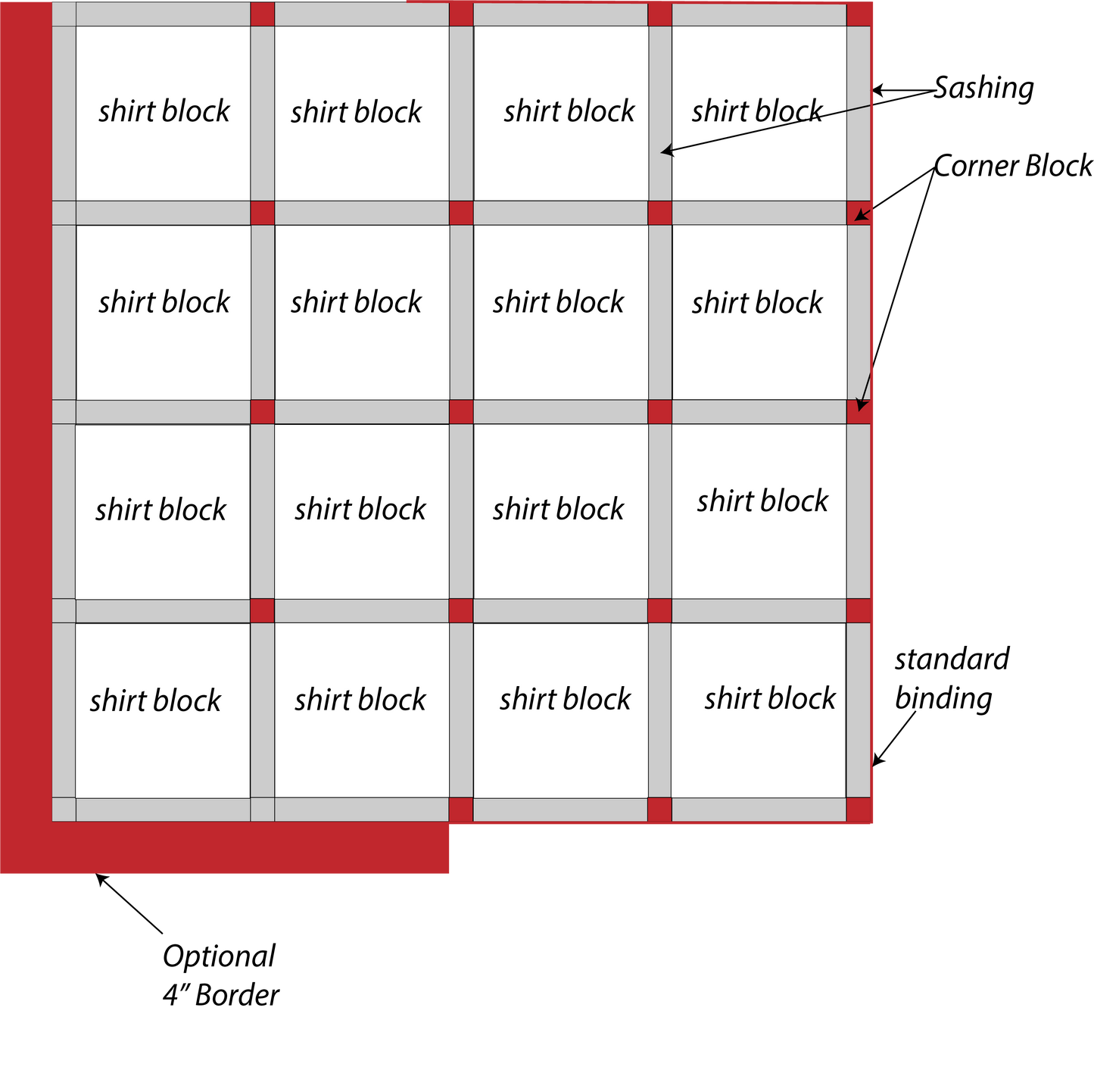 Size diagram for traditional t‑shirt quilt blocks