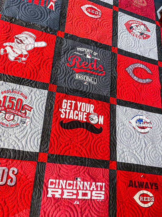 Close-up of cotton sashing and corner blocks on t‑shirt quilt