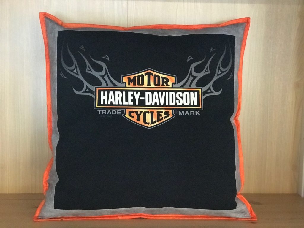 $49.00 each -This is an example of our larger 18" pillow.  Notice the fabric surrounding the t-shirt graphic.  These pillows also come with a 18" premium pillow insert.